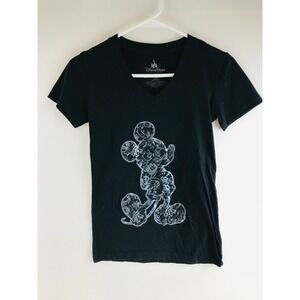 Disney Parks Authentic T-Shirt Women's Size S Black V-neck  Floral Mickey Mouse
